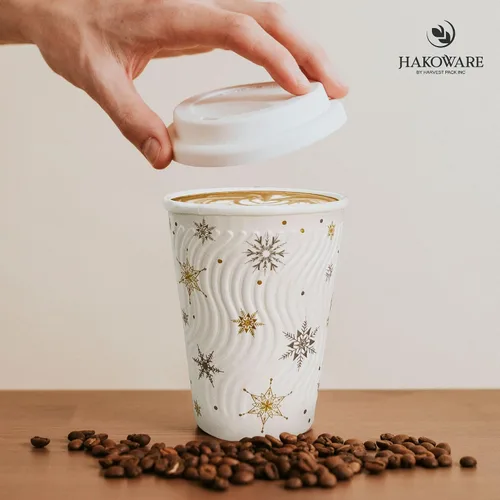 Miniatura 7 de Harvest Pack - Juego de 100 tazas de café desechables de Navidad de 12 onzas con tapas, tazas de papel caliente aisladas con copos de nieve blancos