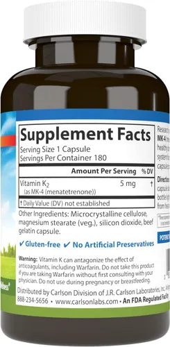 Miniatura 2 de Carlson - Vitamina K2 MK-4 (Menatetrenona), 5 mg, Suplemento de Vitamina K, Soporte Óseo, Vitamina K2, Sin Soja, Vitamina K-2, 180 Cápsulas