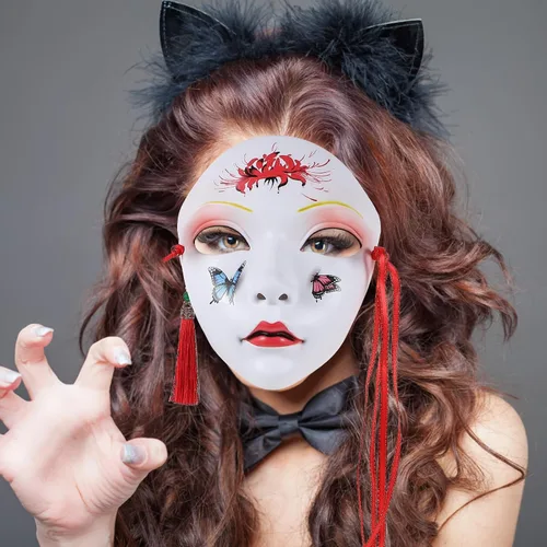 Miniatura 5 de PRETYZOOM Máscaras japonesas de Kabuki Kitsune para hombres, mujeres y niños, disfraz de Halloween, estilo chino, cosplay, máscara genial