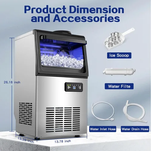 Miniatura 7 de Amzgachfktch Máquina de hielo comercial, 110 libras/24 horas, máquina de hielo para debajo del mostrador con 2 entradas de agua, máquina de hielo