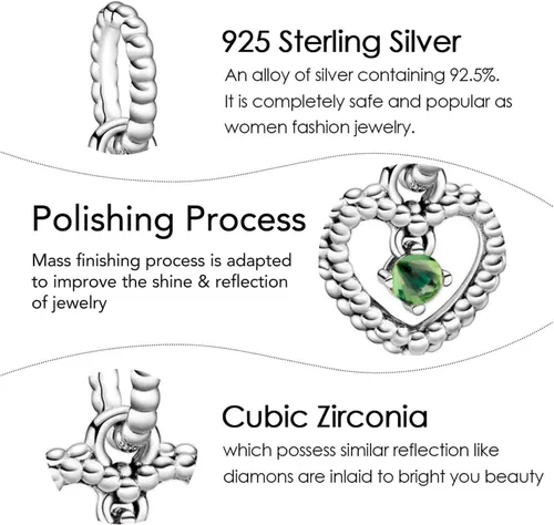 Miniatura 5 de Dijes de piedra natal de plata de ley 925 con dije de corazón para pulsera, collar, dije de feliz cumpleaños, cuentas colgantes de corazón