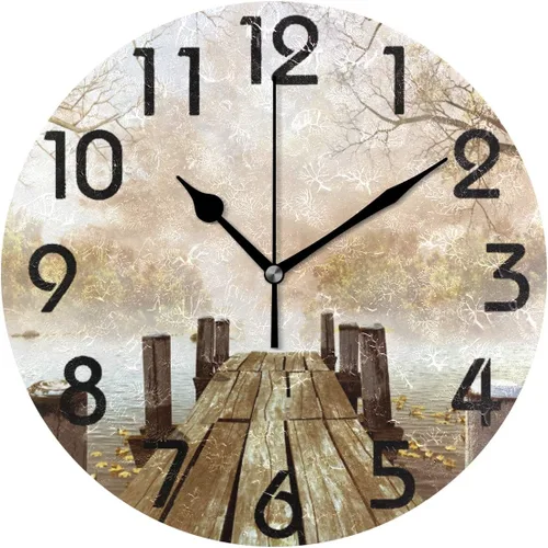 Naanle Muelle de madera vintage de río brumoso con hojas y ramas de árbol, reloj de pared redondo decorativo, 9.5 pulgadas, funciona con pilas,