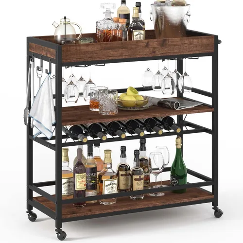 Miniatura 12 de BON AUGURE Carrito de Bar, Carrito de Servicio de Bar para el Hogar con Ruedas, Carrito de Bebidas Móvil de 3 Niveles con Estante para Vino