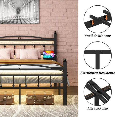 Miniatura 5 de Jenmit Marco de cama tamaño completo con cabecero, marco de cama de plataforma de metal con estación de carga y luces LED, espacio de almacenamiento