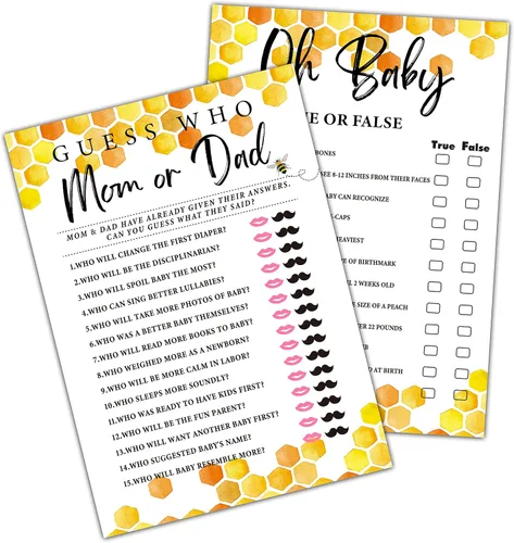 Honey Bee - Juegos de baby shower, juegos de doble cara Adivina quién mamá o papá y Oh Baby juego verdadero o falso (paquete de 30) con 1 tarjeta de