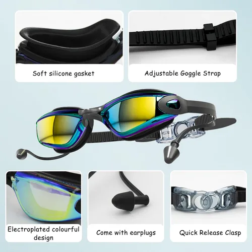Miniatura 3 de Gafas de natación, antivaho anti-UV, sin fugas, gafas de natación ajustables con visión clara para mujeres y hombres Con