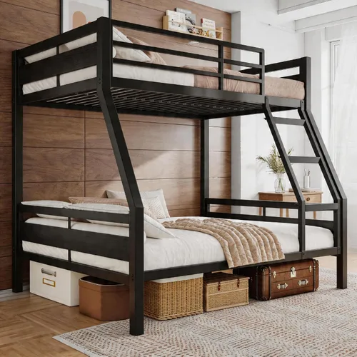 Miniatura 11 de Einhomn Litera matrimonial sobre matrimonial, cama de metal resistente con escalera y barandilla de longitud completa, espacio de almacenamiento