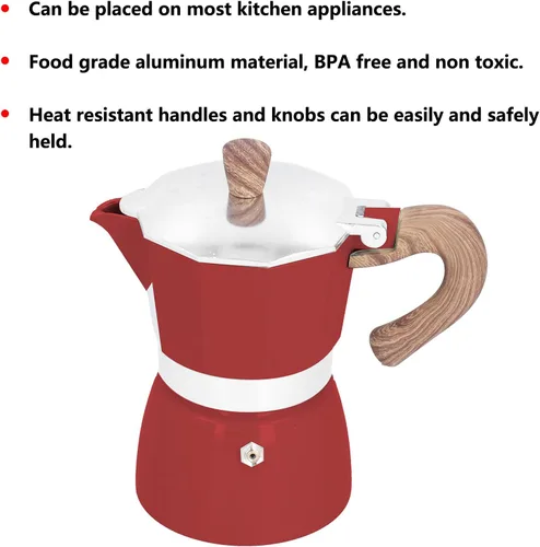 Miniatura 2 de Moka Pot - Cafetera de café expreso de aluminio de 5.1 fl oz, cafetera moka octogonal para oficina en casa (rojo)