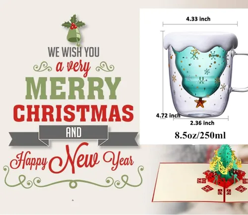Miniatura 7 de MUCHENGGIFT Bonita taza de café con diseño de árbol de Navidad, taza de té y leche con aislamiento de doble pared, taza de espresso, el mejor regalo