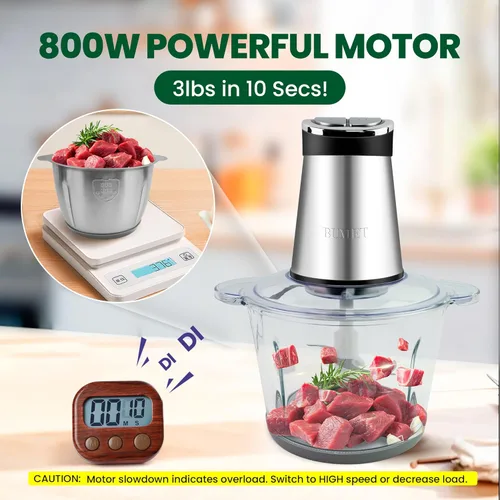 Miniatura 4 de BUMET tazones 2X12 tazas 800W procesador de alimentos eléctrico con temporizador LED. Cuchilla de 3 niveles con 6 filos para picar, cortar, ideal