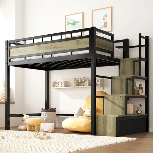 soges Cama loft de tamaño twin con colchón incluido, cama alta todo en uno para niños y adultos, con escaleras y cajones de almacenamiento, base de