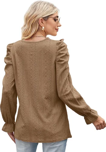 Miniatura 4 de WIHOLL Puff Sleeve Tops for Women Crewneck Eyelet Tunic Shirts Fall Clothes