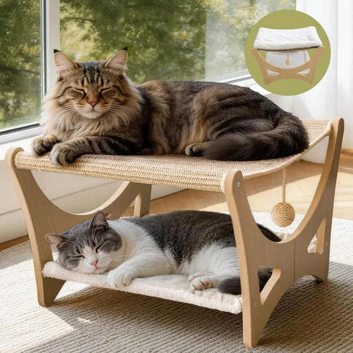 Cama hamaca para gatos de doble capa, camas elevadas de madera para gatos con alfombrilla rascador de sisal natural, cama rascador para gatos con