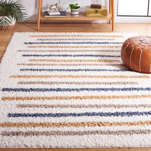 Miniatura 8 de SAFAVIEH Calico Shag Collection - Alfombra para pasillo, 2 pies 2 pulgadas x 8 pies, color marfil y dorado, diseño a rayas, no desprende pelusa