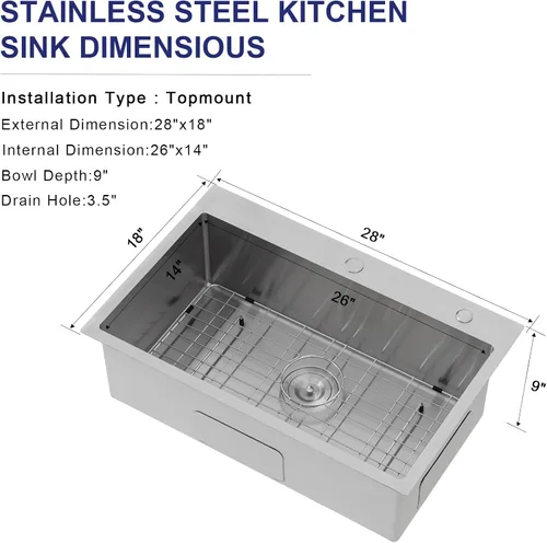 Miniatura 3 de VAPSINT Fregadero Fregadero Fregadero de cocina de 28 pulgadas con caída en la parte superior, 28 x 18 pulgadas, montaje superior, calibre 16
