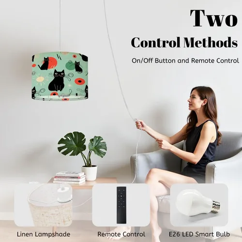 Miniatura 3 de Boho Plug in Pendant Light Sleek Black Cats Vibrant Atomic Patterns 1960s Design 16.4ft Plug in Cord Dimmable Hanging Lamp Fabric Lamp Shade Pendant