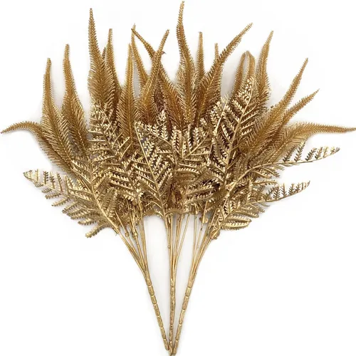Miniatura 38 de CATTREE Plantas artificiales para decoración de Navidad, hierba de plástico dorado, hojas falsas, arbustos de simulación para interiores y Hojas
