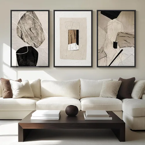 Arte de pared abstracto neutro con marco grande para sala de estar, 3 piezas, impresiones modernas en lienzo para paredes, cuadros negros y beige