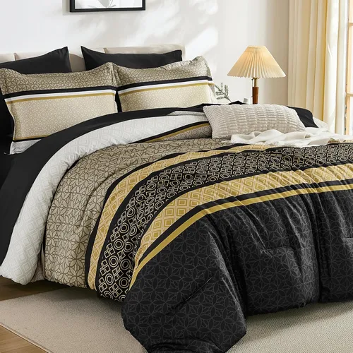 Miniatura 9 de WONGS BEDDING Juego de edredón Beige tamaño Queen, juego de 7 piezas de edredón y sábanas con tiras en una bolsa, juego de ropa de cama