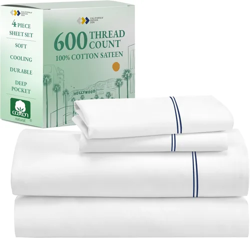 Miniatura 45 de California Design Den Juego de sábanas de lujo tamaño King - 100% algodón, 600 número de hilos, sábanas King de bolsillo profundo, ropa de cama