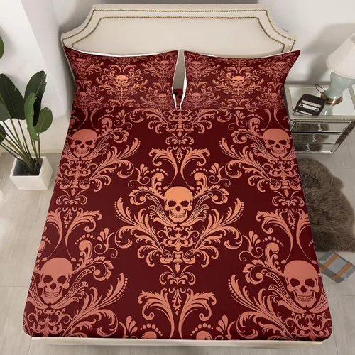 Miniatura 44 de Sábanas de cama góticas de damasco para adultos, sábana bajera ajustable victoriana antigua, sábanas góticas florales vintage, juego de ropa de cama