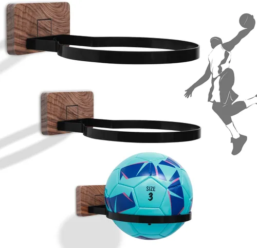 Miniatura 16 de Soporte de pared para baloncesto VIVTOB, soporte de pared para pelota de 7 pulgadas con base de madera maciza de nogal negro y anillo de metal