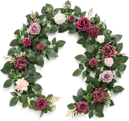 Miniatura 13 de Ling's Moment - Guirnalda de Flores Artificiales de 5 Pies de Borgoña, Guirnalda Floral de Rosa Marrón, Flores de Arco, Vid para Decoración de Fondo