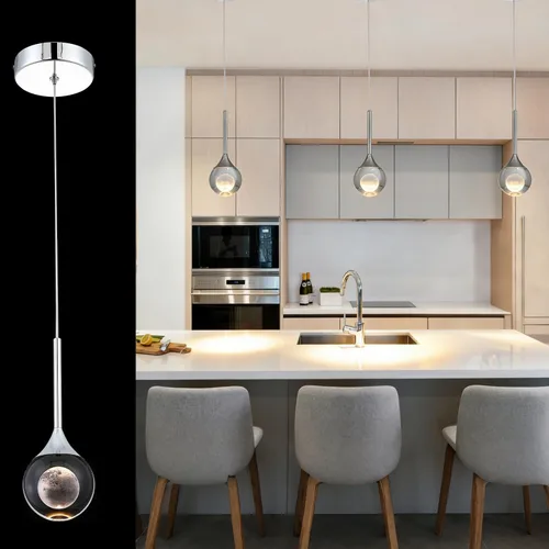 Moderna lámpara colgante de cristal cromado, lámpara colgante de techo con forma de lágrima de luna, luz de isla de cocina, lámpara LED regulable