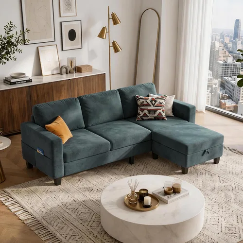 Miniatura 8 de Sofá modular de 78 pulgadas para sala de estar, sofá azul en forma de L con otomana de almacenamiento, asiento profundo, juego de sofá de tela