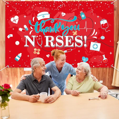 Miniatura 4 de Decoración de telón de fondo con texto en inglés "Thank You Nurs", tela grande 2026, Día Nacional de la Enfermera, fondo de cabina de fotos