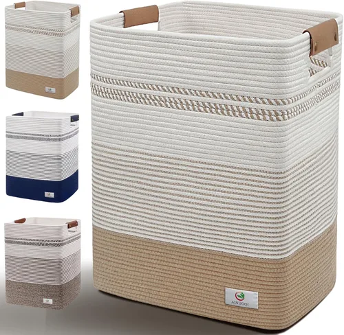 AINUOQI Cesta de Ropa Sucia Grande Cesta de Lavandería con Asas de Cuero, Cesta de Almacenamiento Decorativa de Cuerda de Algodón Tejida para Yute y