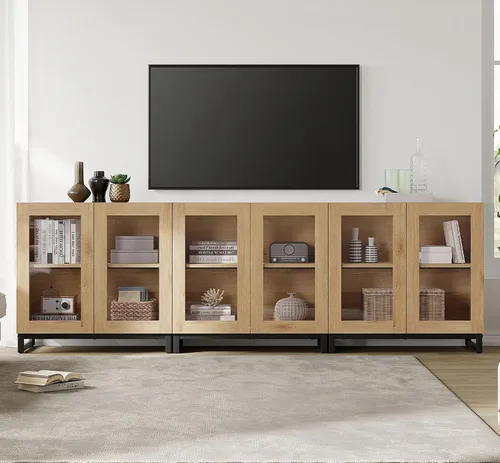 Miniatura 3 de WAMPAT Moderno soporte de TV con puertas de vidrio para televisores de 32 a 40 pulgadas, consola central de entretenimiento con estantes ajustables