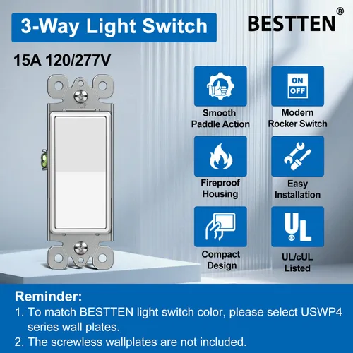 Miniatura 2 de BESTTEN Paquete de 10 interruptores de luz decorativa de 3 vías, 15 A, 120/277 V, un solo polo o tres vías, interruptor de pared de paleta