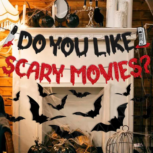Miniatura 6 de Decoración de Halloween Do You Like Scary Movies Banner con adornos de murciélago en 3D, películas de terror sagradas, decoración de fiesta nocturna