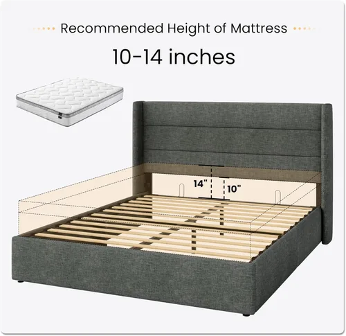 Miniatura 8 de SHA CERLIN Cama de Almacenamiento Elevable de Tamaño Completo/Cabecera Moderna Tipo Wingback/Marco de Cama Plataforma Tapizada/Almacenamiento Gris