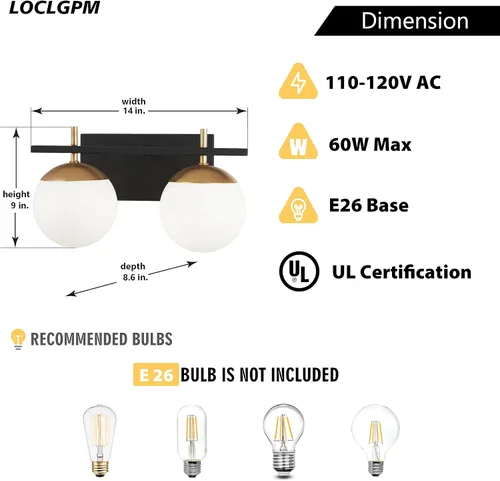 Miniatura 3 de 2 lámparas de baño, luz negra y dorada, luz de baño de mediados de siglo sobre espejo con pantalla de globo de vidrio blanco, apliques de pared