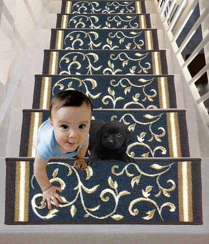 Miniatura 7 de Gloria Peldaños Antideslizantes con Respaldo de Goma de Pelo Bajo, Alfombrillas para Escaleras, (Juego de 7), (8.5" x 26", Azul Marino 1933)