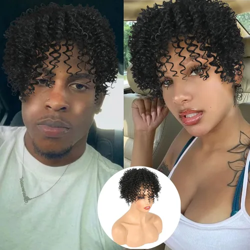 Miniatura 3 de Oseti Peluca de cabello rizado afro negro corto con clip en piezas sintéticas para mujeres con cabello delgado, pelucas negras suaves naturales