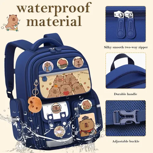 Miniatura 6 de Mochila Capybara impermeable, bolsa capybara Kawaii de gran capacidad con accesorios de 31 piezas, Azul