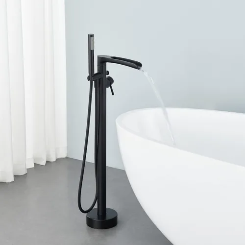 Miniatura 3 de Wowkk Grifo de Bañera Cascada Independiente Negro Montaje en Piso Relleno de Tina de Latón Grifo de Baño de Una Sola Manija con Ducha de Mano