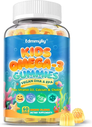 Gomitas Omega 3 para niños, algas Omega3 con colina, luteína, vitamina D3 B12, calcio, zinc para el desarrollo cerebral de los niños, ojos, energía