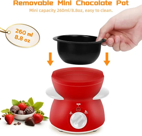 Miniatura 4 de Mini olla para fundir chocolate, fuente de fondue de chocolate, máquina calentadora de 8.79 onzas para chocolate con leche, queso, mantequilla, Rojo