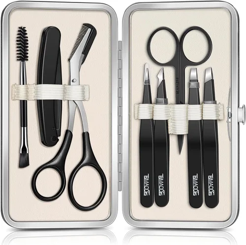Miniatura 9 de TsMADDTs Pinzas para mujeres, kit de cejas 8 en 1 con pinzas, recortadora, tijera, navaja, cepillo con bolsa de viaje, kit para dar forma a las cejas