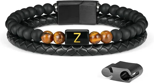Miniatura 73 de LUXEJEW Regalo Navidad para hombre, brazalete de cuero con cuentas, con letra inicial nombre, 15/64 de pulgada, ágata mate, hecho a mano, ajustable