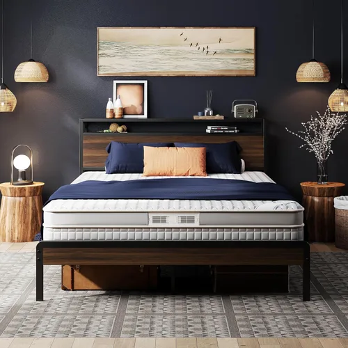 Miniatura 20 de LIKIMIO Marco de Cama King con Cabecero, Marco de Cama King de Madera Oscura con Soportes Fuertes, Resistente, Sin Ruido, No Necesita Somier, Nogal