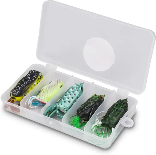 Miniatura 9 de RUNCL Topwater - Señuelos de rana – 5 piezas de cebos de silicona duraderos y realistas para agua dulce y salada, señuelos flotantes realistas