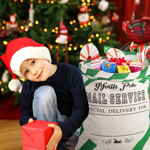 Miniatura 5 de XinblueCo Santa Sack - Paquete de 2 bolsas de lona de Navidad a rayas con cordón, bolsa de regalo personalizada de Navidad, tamaño extra grande