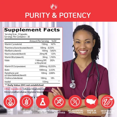 Miniatura 5 de THE ENCLARE NUTRITION Vitamina B12 - Complejo de vitamina B con vitamina C, biotina, inositol, ácido fólico, vitaminas B, vitaminas B1, B2, B3, B4