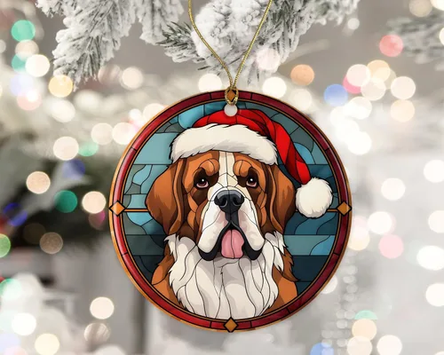 Miniatura 2 de Adorno de cerámica de San Bernardo de Navidad, adorno colgante para árbol de Navidad, adorno de vitral de perro, adorno religioso para cristianos