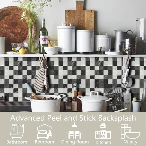 Miniatura 4 de Medley - Azulejos de PVC y aluminio de 12 x 12 pulgadas, para despegar y pegar, mármol negro y metal cepillado, paquete de 12